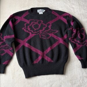 Vintage Phil Carry 1980s Sweater Jumper Acrylic Nylon Medium Black Fuchsia
